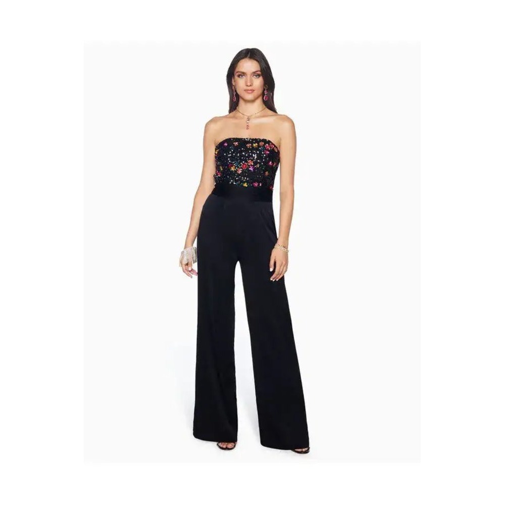 Ramy Brook Black Sequin Floral Strapless Wide Leg Jumpsuit Size 0 Evening Gala